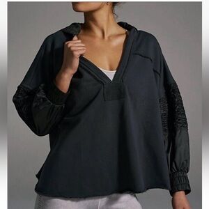 FP Movement Womens Cotton Cropped Satin Smocked Sleeve Hoodie Purple Size Large